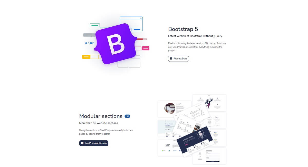 Sections and components provided by Pixel Lite, an open-source Django Starter.