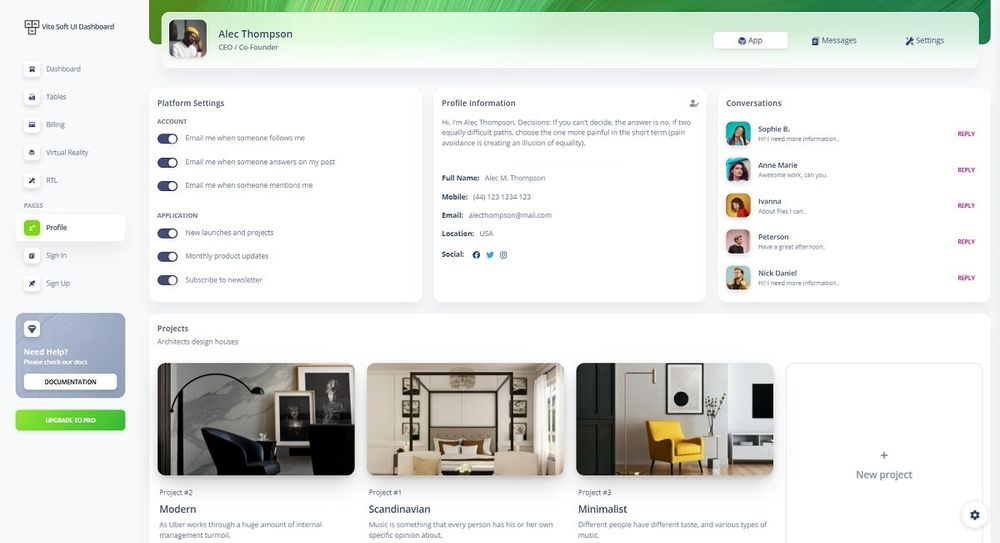 Vite Soft UI Dashboard (Open-Source) - User Profile Page